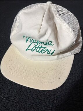 Vintage White Mesh Trucker Hat with Green Virginia Lottery Script